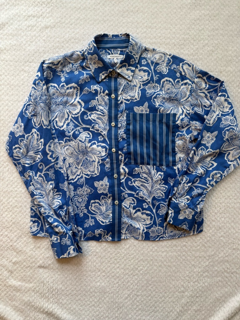 Foxcroft Marina Blue and White Floral Button-Up Blouse, Women's Sz Small